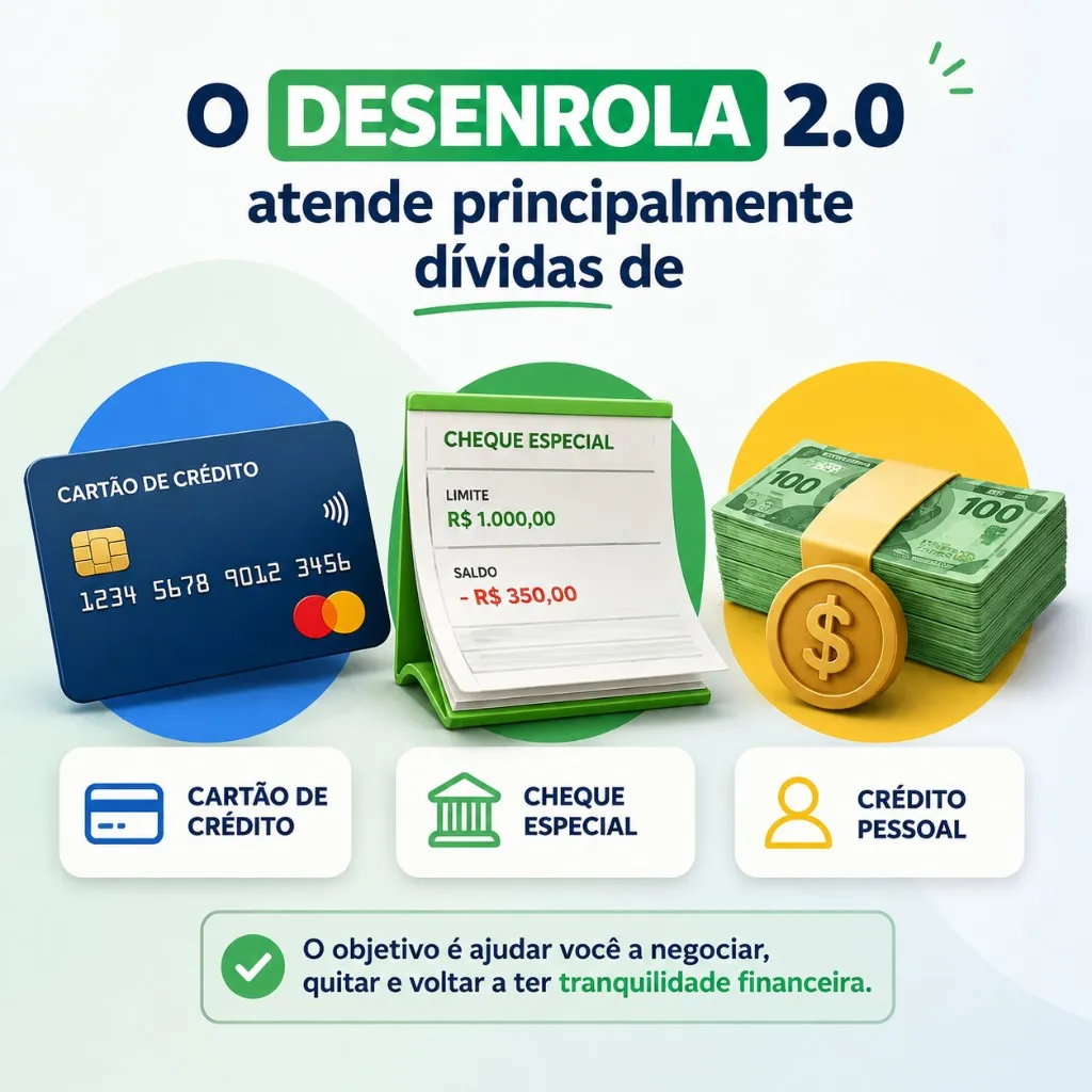 Infográfico: o Desenrola 2.0 atende principalmente dívidas de cartão de crédito, cheque especial e crédito pessoal