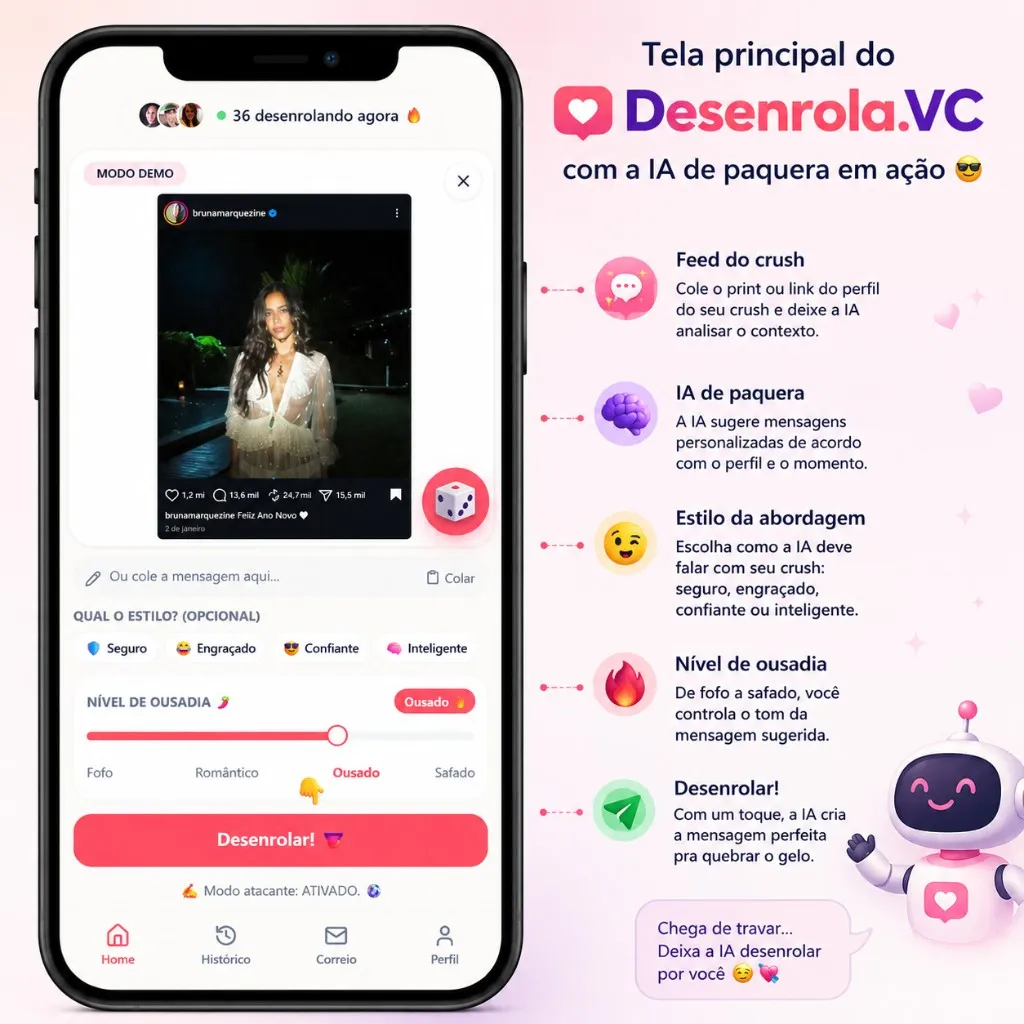 Interface do Desenrola.VC em modo demo: análise de perfil, estilos de resposta, nível de ousadia e botão Desenrolar